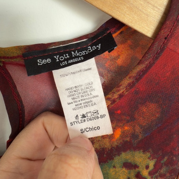 See You Monday LA Sheer Long Sleeve Hi-Low Mesh Top | Fire Print | Size S - Picture 6 of 6